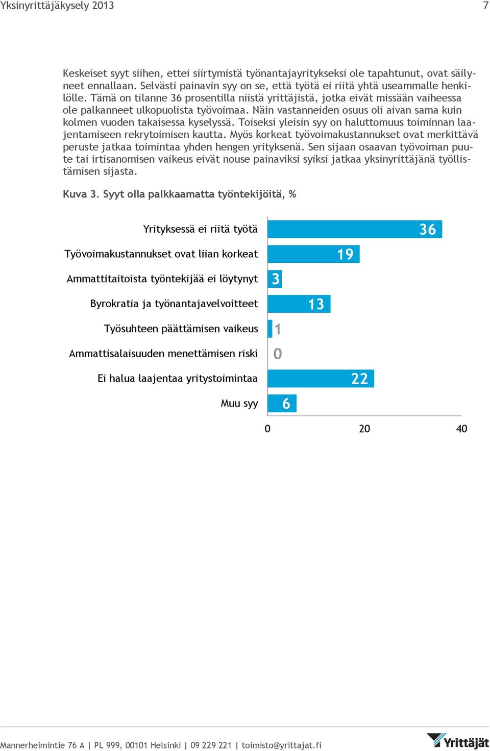 Näin vastanneiden osuus oli aivan sama kuin kolmen vuoden takaisessa kyselyssä. Toiseksi yleisin syy on haluttomuus toiminnan laajentamiseen rekrytoimisen kautta.