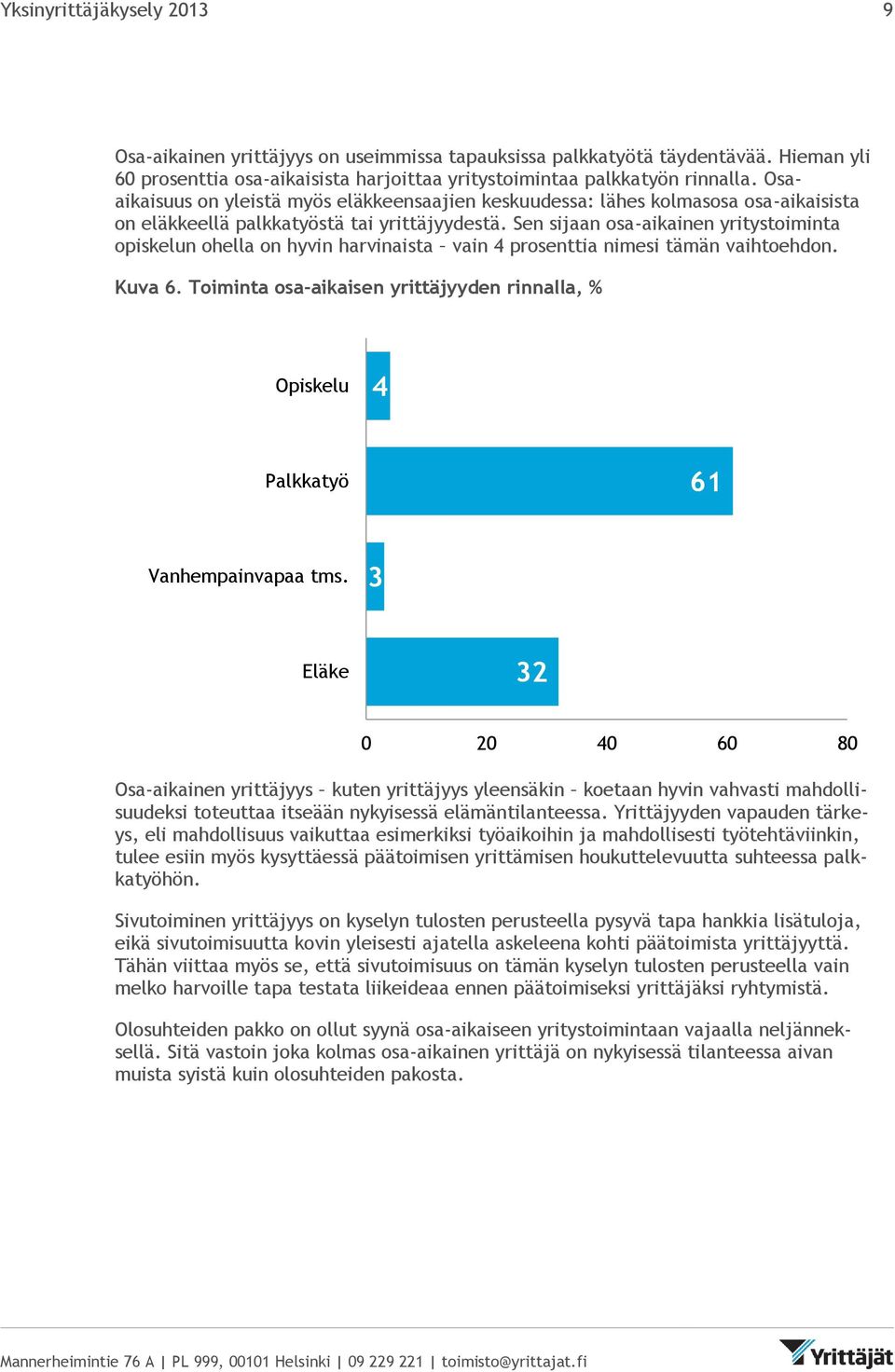 Sen sijaan osa-aikainen yritystoiminta opiskelun ohella on hyvin harvinaista vain 4 prosenttia nimesi tämän vaihtoehdon. Kuva 6.