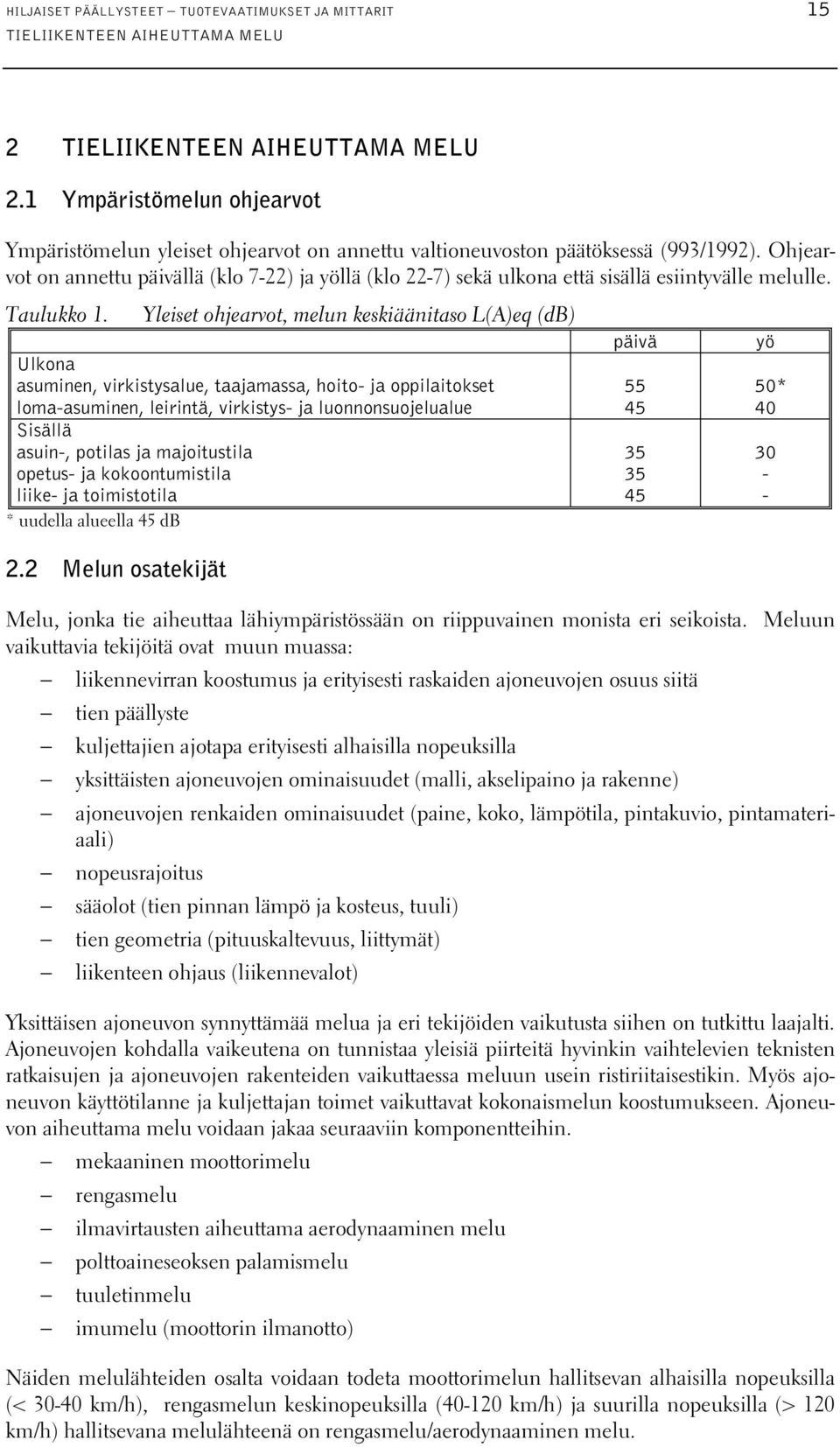 Ohjearvot on annettu päivällä (klo 7-22) ja yöllä (klo 22-7) sekä ulkona että sisällä esiintyvälle melulle. Taulukko 1.