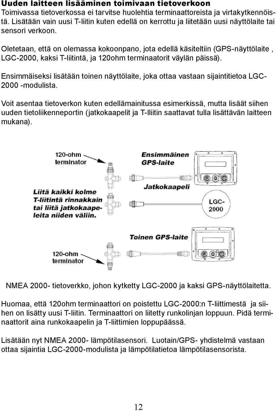 Oletetaan, että on olemassa kokoonpano, jota edellä käsiteltiin (GPS-näyttölaite, LGC-2000, kaksi T-liitintä, ja 120ohm terminaatorit väylän päissä).