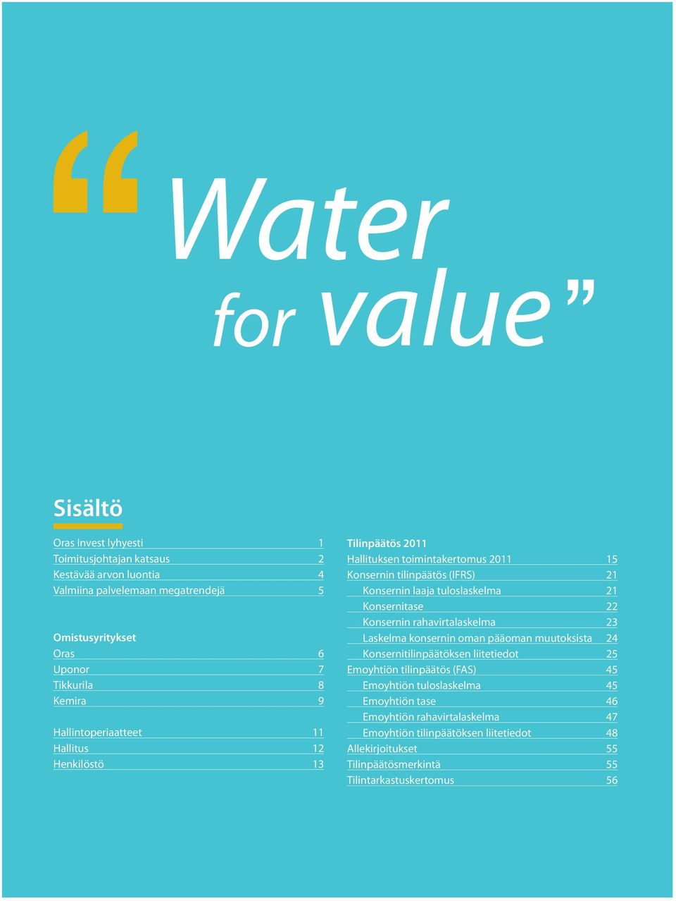 tuloslaskelma 21 Konsernitase 22 Konsernin rahavirtalaskelma 23 Laskelma konsernin oman pääoman muutoksista 24 Konsernitilinpäätöksen liitetiedot 25 Emoyhtiön tilinpäätös