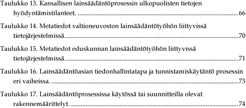 Metatiedot eduskunnan lainsäädäntötyöhön liittyvissä tietojärjestelmissä...71 Taulukko 16.