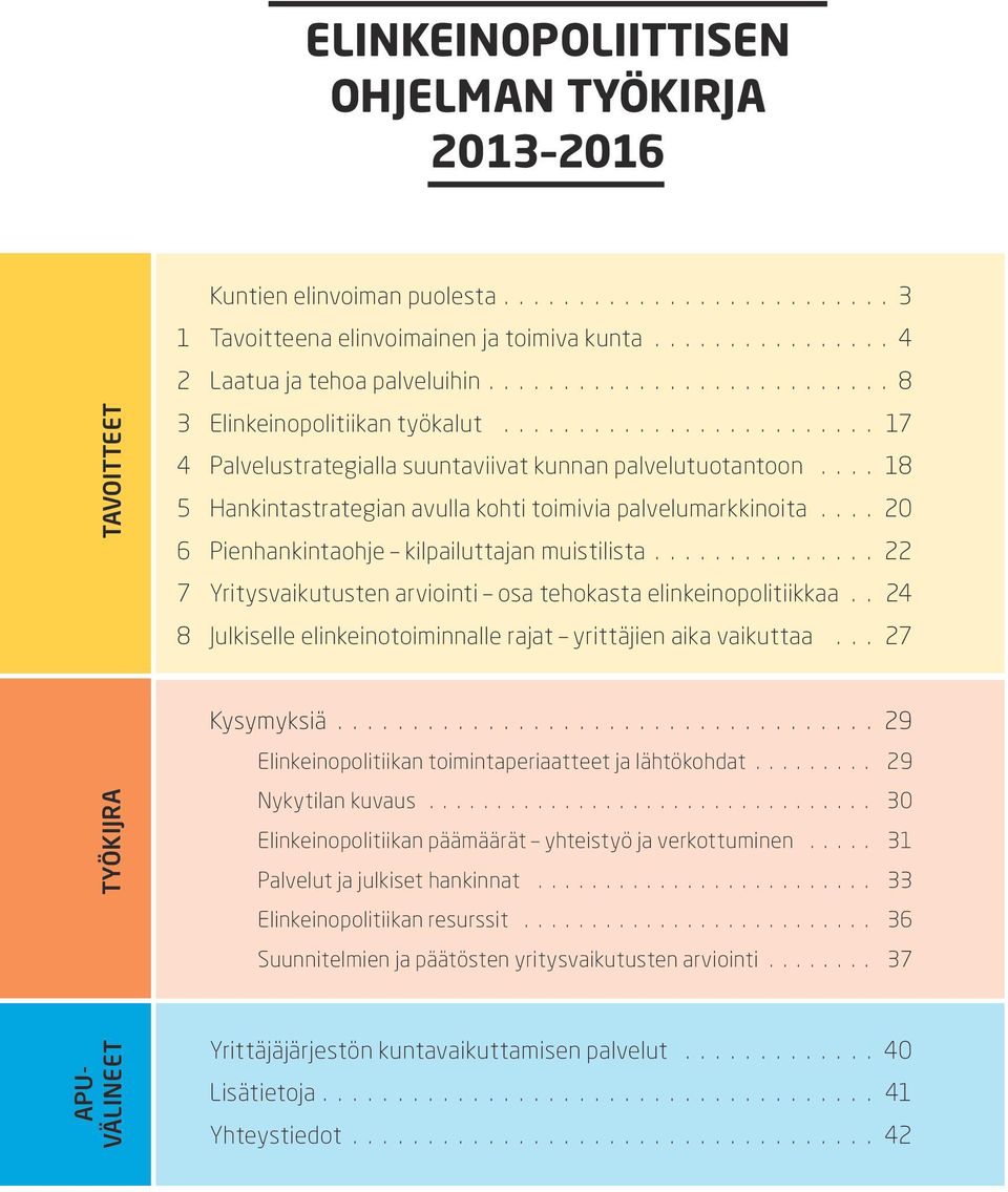 arviointi osa tehokasta elinkeinopolitiikkaa 24 8 Julkiselle elinkeinotoiminnalle rajat yrittäjien aika vaikuttaa 27 TYÖKIJRA Kysymyksiä 29 Elinkeinopolitiikan toimintaperiaatteet ja lähtökohdat 29