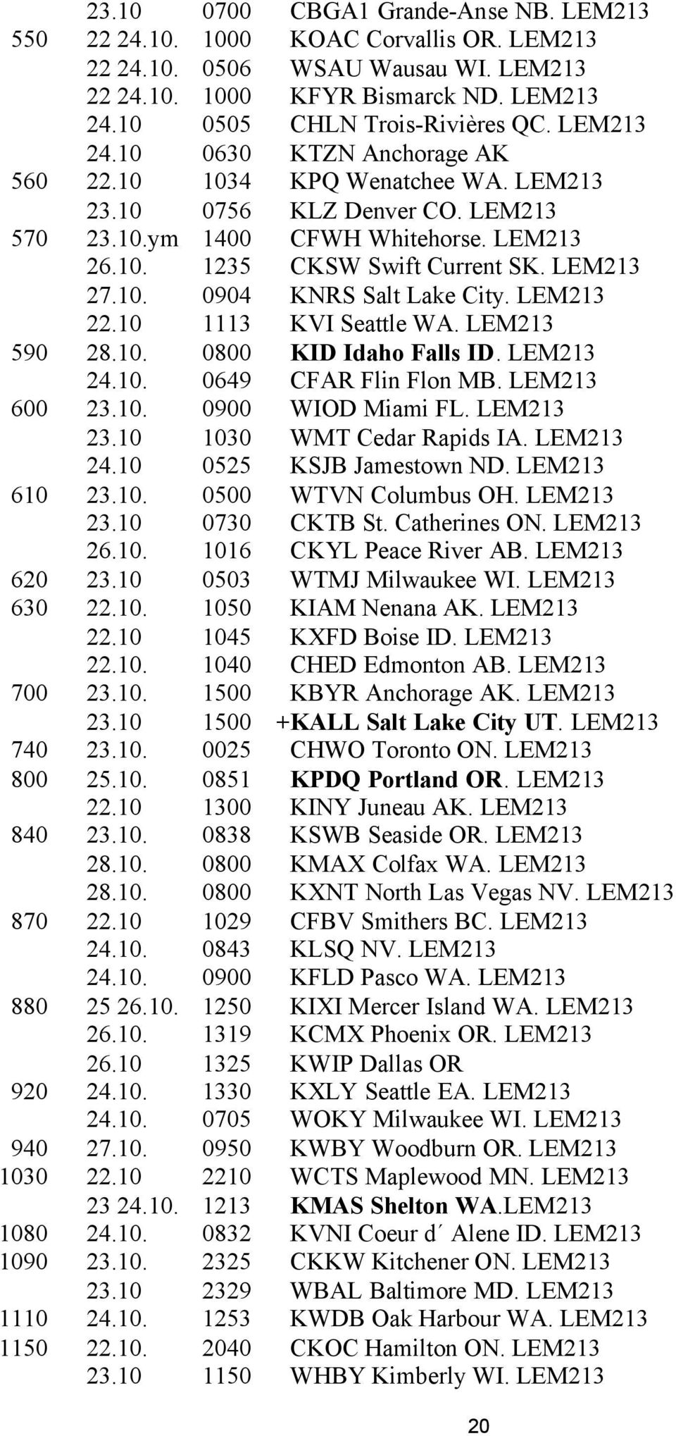 LEM213 22.10 1113 KVI Seattle WA. LEM213 590 28.10. 0800 KID Idaho Falls ID. LEM213 24.10. 0649 CFAR Flin Flon MB. LEM213 600 23.10. 0900 WIOD Miami FL. LEM213 23.10 1030 WMT Cedar Rapids IA.