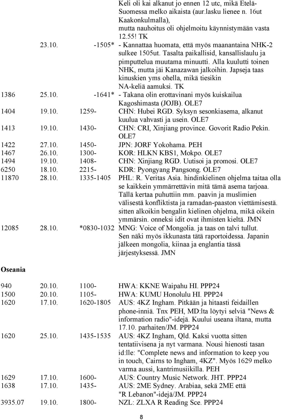 Japseja taas kinuskien yms ohella, mikä tiesikin NA-keliä aamuksi. TK 1386 25.10. -1641* - Takana olin erottavinani myös kuiskailua Kagoshimasta (JOJB). OLE7 1404 19.10. 1259- CHN: Hubei RGD.