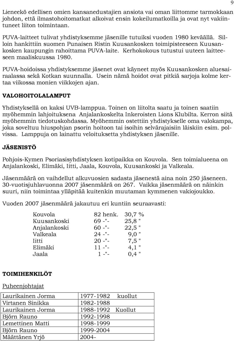 Kerhokokous tutustui uuteen laitteeseen maaliskuussa 1980. PUVA-hoidoissa yhdistyksemme jäsenet ovat käyneet myös Kuusankosken aluesairaalassa sekä Kotkan suunnalla.