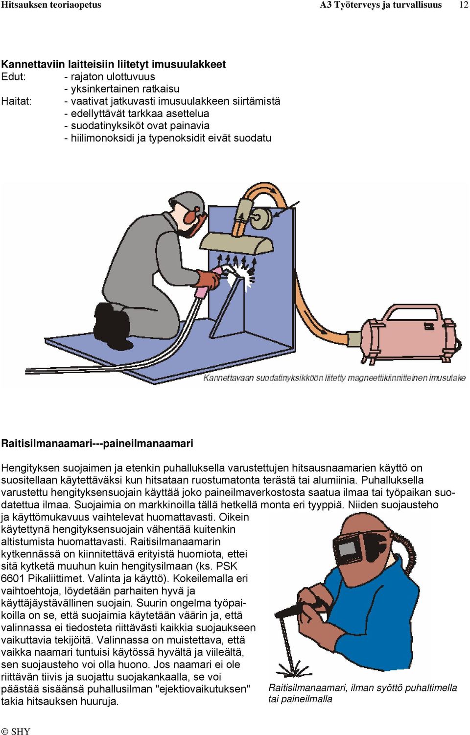 etenkin puhalluksella varustettujen hitsausnaamarien käyttö on suositellaan käytettäväksi kun hitsataan ruostumatonta terästä tai alumiinia.