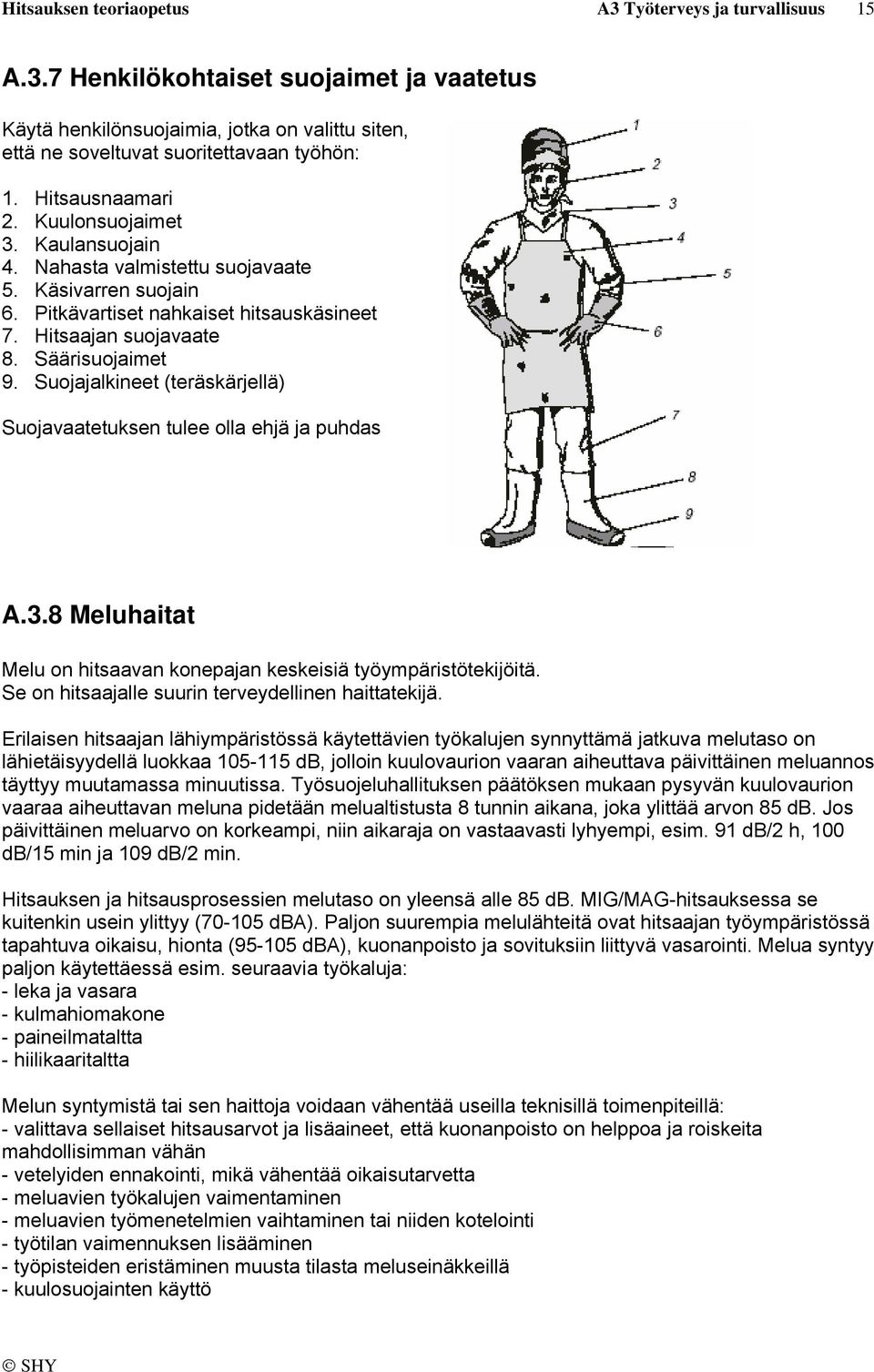 Suojajalkineet (teräskärjellä) Suojavaatetuksen tulee olla ehjä ja puhdas A.3.8 Meluhaitat Melu on hitsaavan konepajan keskeisiä työympäristötekijöitä.