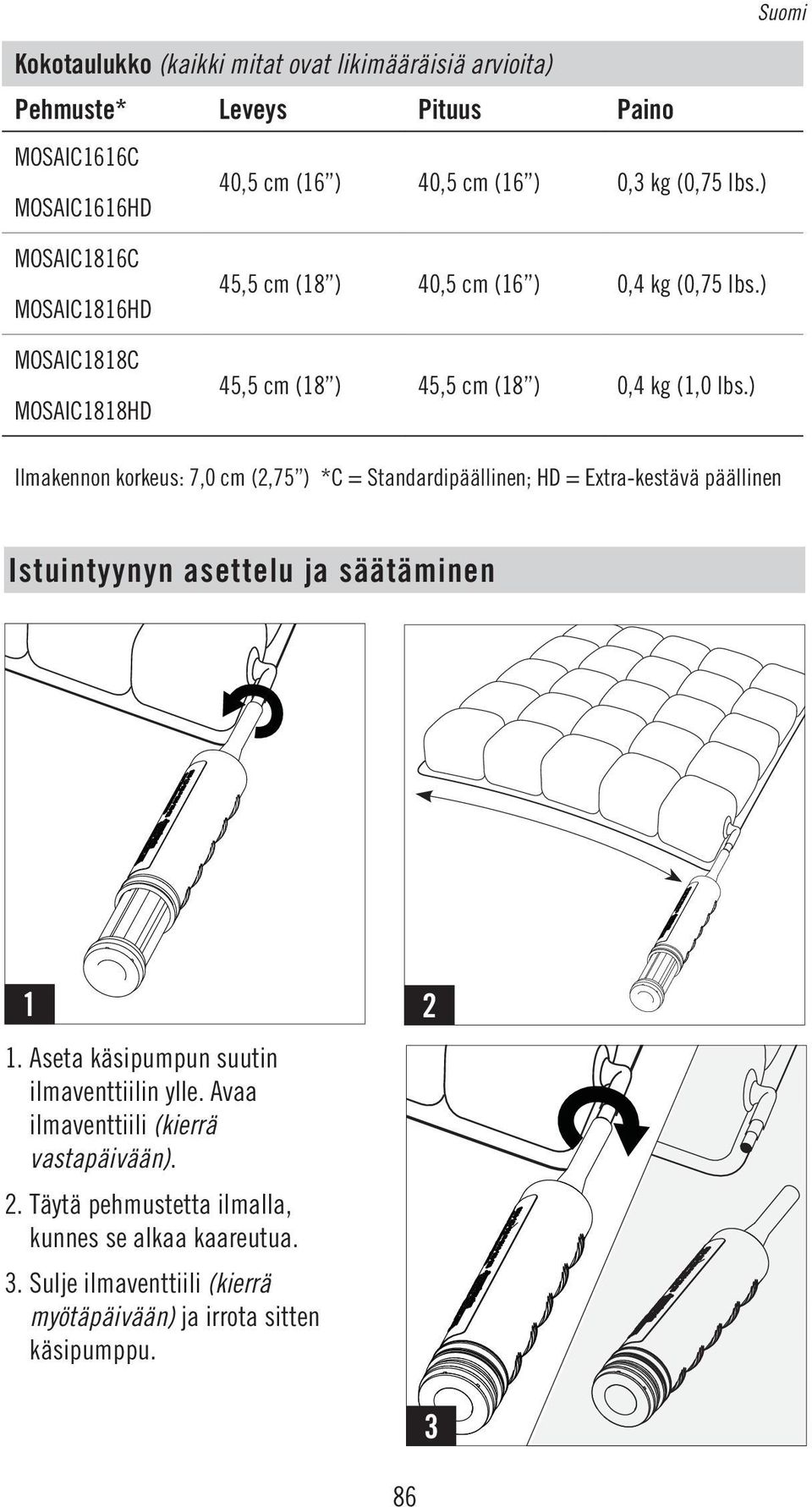 ) Ilmakennon korkeus: 7,0 cm (2,75 ) *C = Standardipäällinen; HD = Extra-kestävä päällinen Istuintyynyn asettelu ja säätäminen 1 1.