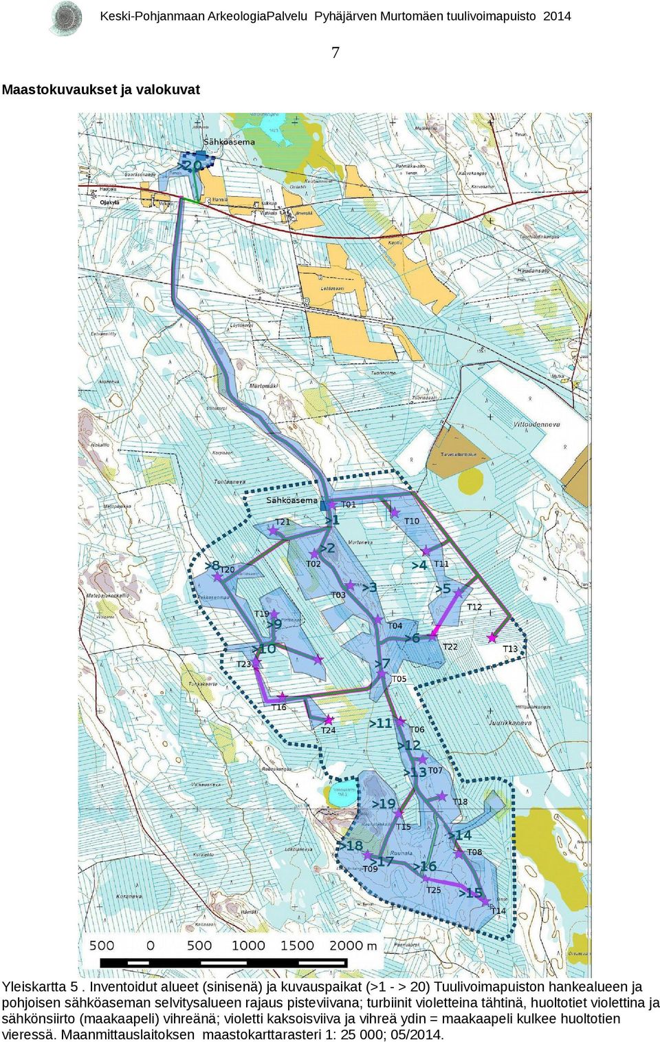 sähköaseman selvitysalueen rajaus pisteviivana; turbiinit violetteina tähtinä, huoltotiet violettina ja