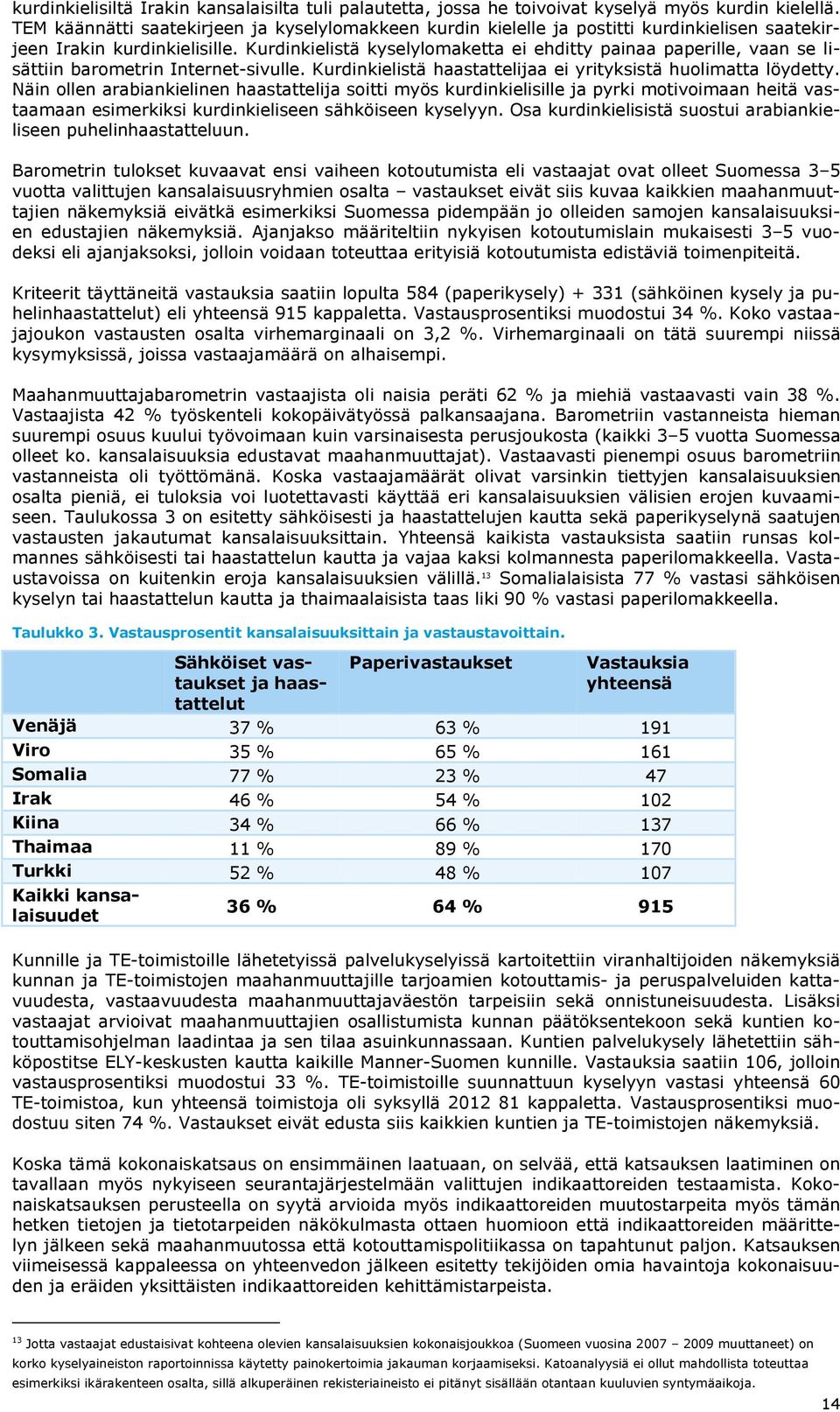 Kurdinkielistä kyselylomaketta ei ehditty painaa paperille, vaan se lisättiin barometrin Internet-sivulle. Kurdinkielistä haastattelijaa ei yrityksistä huolimatta löydetty.
