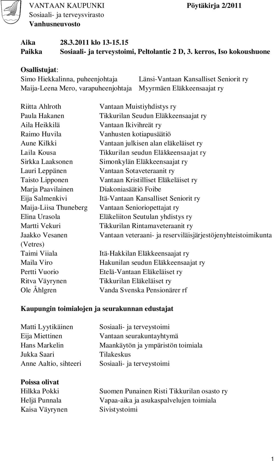 Aila Heikkilä Raimo Huvila Aune Kilkki Laila Kousa Sirkka Laaksonen Lauri Leppänen Taisto Lipponen Marja Paavilainen Eija Salmenkivi Maija-Liisa Thuneberg Elina Urasola Martti Vekuri Jaakko Vesanen