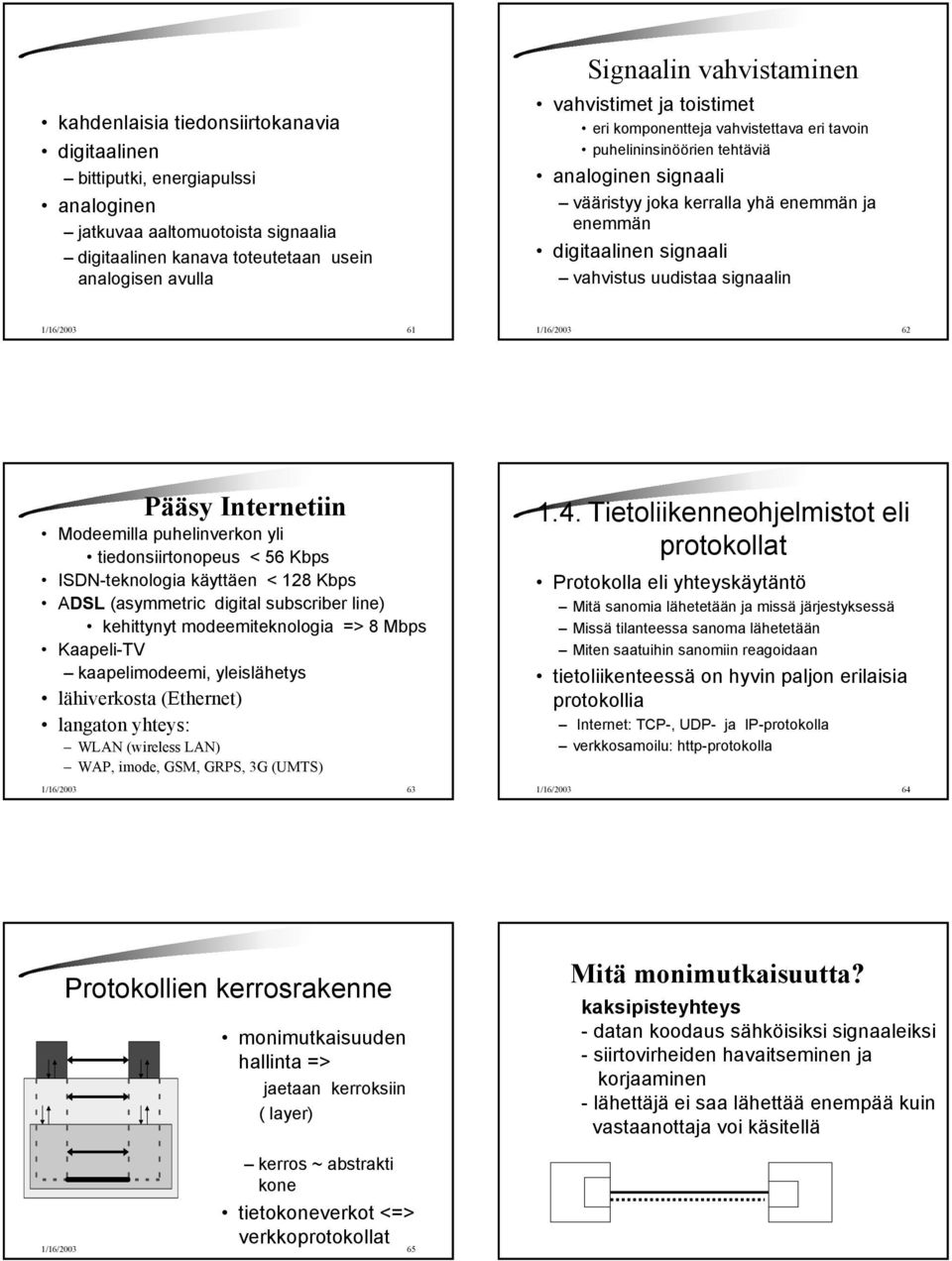 uudistaa signaalin 1/16/2003 61 1/16/2003 62 Pääsy Internetiin Modeemilla puhelinverkon yli tiedonsiirtonopeus < 56 Kbps ISDN-teknologia käyttäen < 128 Kbps ADSL (asymmetric digital subscriber line)