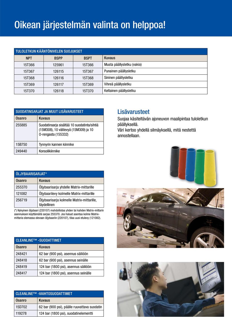 päällysletku 15T370 126118 15T370 Keltainen päällysletku SUODATINSARJAT JA MUUT LISÄVARUSTEET 255885 Suodatinsarja sisältää 10 suodatinta/sihtiä (15M308), 10 välilevyä (15M309) ja 10 O-rengasta