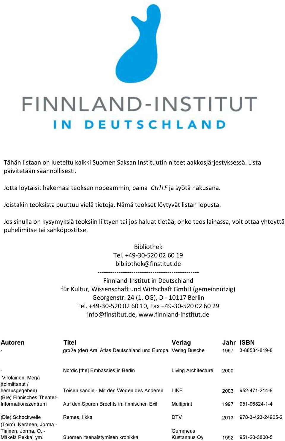 Jos sinulla on kysymyksiä teoksiin liittyen tai jos haluat tietää, onko teos lainassa, voit ottaa yhteyttä puhelimitse tai sähköpostitse. Bibliothek Tel. +49-30-520 02 60 19 bibliothek@finstitut.