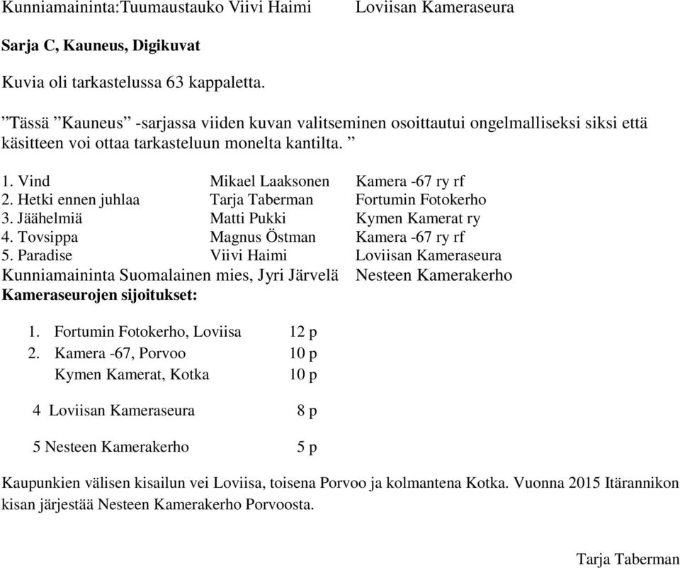 Hetki ennen juhlaa Tarja Taberman Fortumin Fotokerho 3. Jäähelmiä Matti Pukki Kymen Kamerat ry 4. Tovsippa Magnus Östman Kamera -67 ry rf 5.