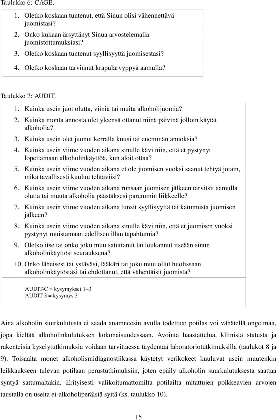 Kuinka monta annosta olet yleensä ottanut niinä päivinä jolloin käytät alkoholia? 3. Kuinka usein olet juonut kerralla kuusi tai enemmän annoksia? 4.