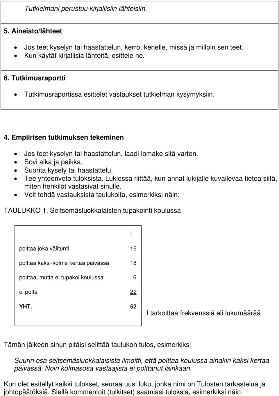 Suorita kysely tai haastattelu. Tee yhteenveto tuloksista. Lukiossa riittää, kun annat lukijalle kuvailevaa tietoa siitä, miten henkilöt vastasivat sinulle.