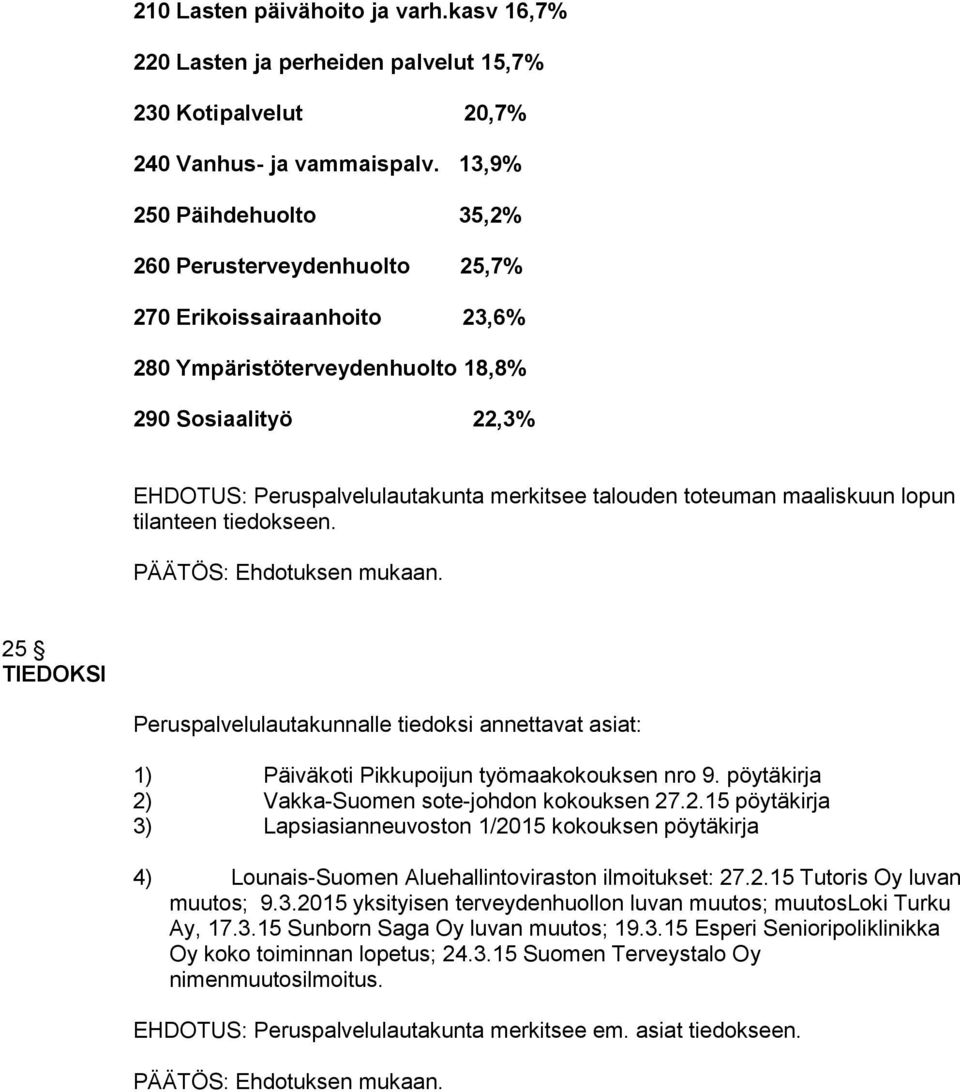 toteuman maaliskuun lopun tilanteen tiedokseen. 25 TIEDOKSI Peruspalvelulautakunnalle tiedoksi annettavat asiat: 1) Päiväkoti Pikkupoijun työmaakokouksen nro 9.