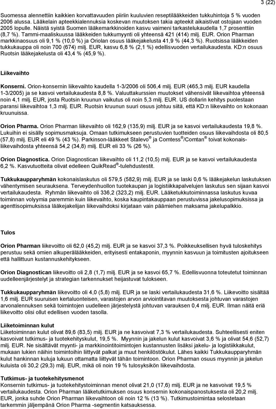 Näistä syistä Suomen lääkemarkkinoiden kasvu vaimeni tarkastelukaudella 1,7 prosenttiin (8,7 %). Tammi-maaliskuussa lääkkeiden tukkumyynti oli yhteensä 421 (414) milj. EUR.