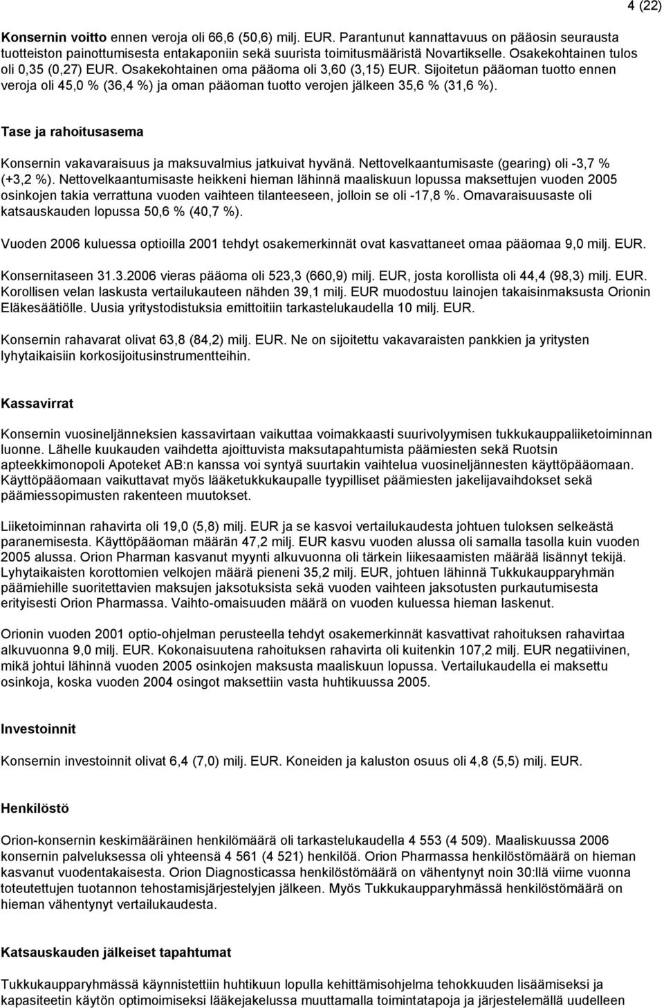 Sijoitetun pääoman tuotto ennen veroja oli 45,0 % (36,4 %) ja oman pääoman tuotto verojen jälkeen 35,6 % (31,6 %).