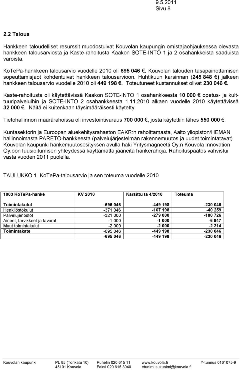 varoista. KoTePa-hankkeen talousarvio vuodelle 2010 oli 695 046. Kouvolan talouden tasapainottamisen sopeuttamisjaot kohdentuivat hankkeen talousarvioon.