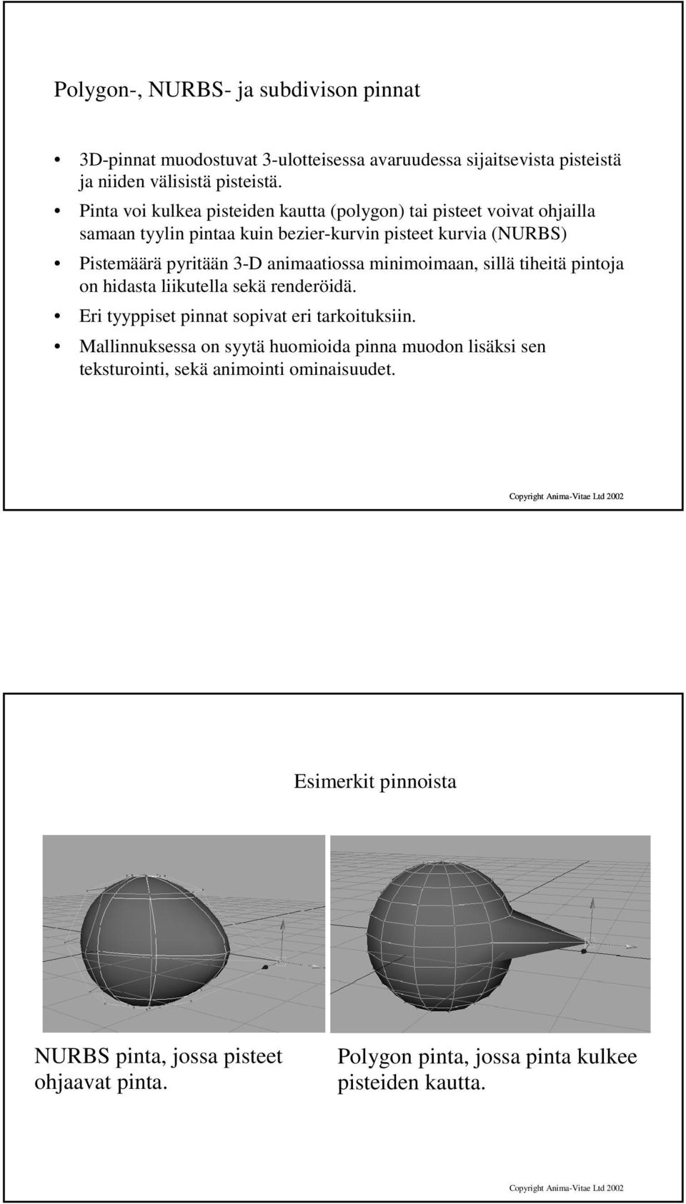 animaatiossa minimoimaan, sillä tiheitä pintoja on hidasta liikutella sekä renderöidä. Eri tyyppiset pinnat sopivat eri tarkoituksiin.