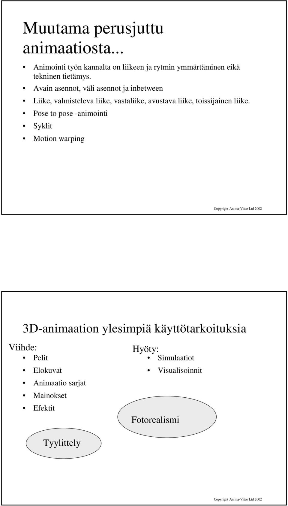 Avain asennot, väli asennot ja inbetween Liike, valmisteleva liike, vastaliike, avustava liike, toissijainen