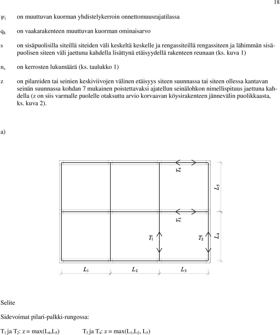 taulukko 1) z on pilareiden tai seinien keskiviivojen välinen etäisyys siteen suunnassa tai siteen ollessa kantavan seinän suunnassa kohdan 7 mukainen poistettavaksi ajatellun seinälohkon