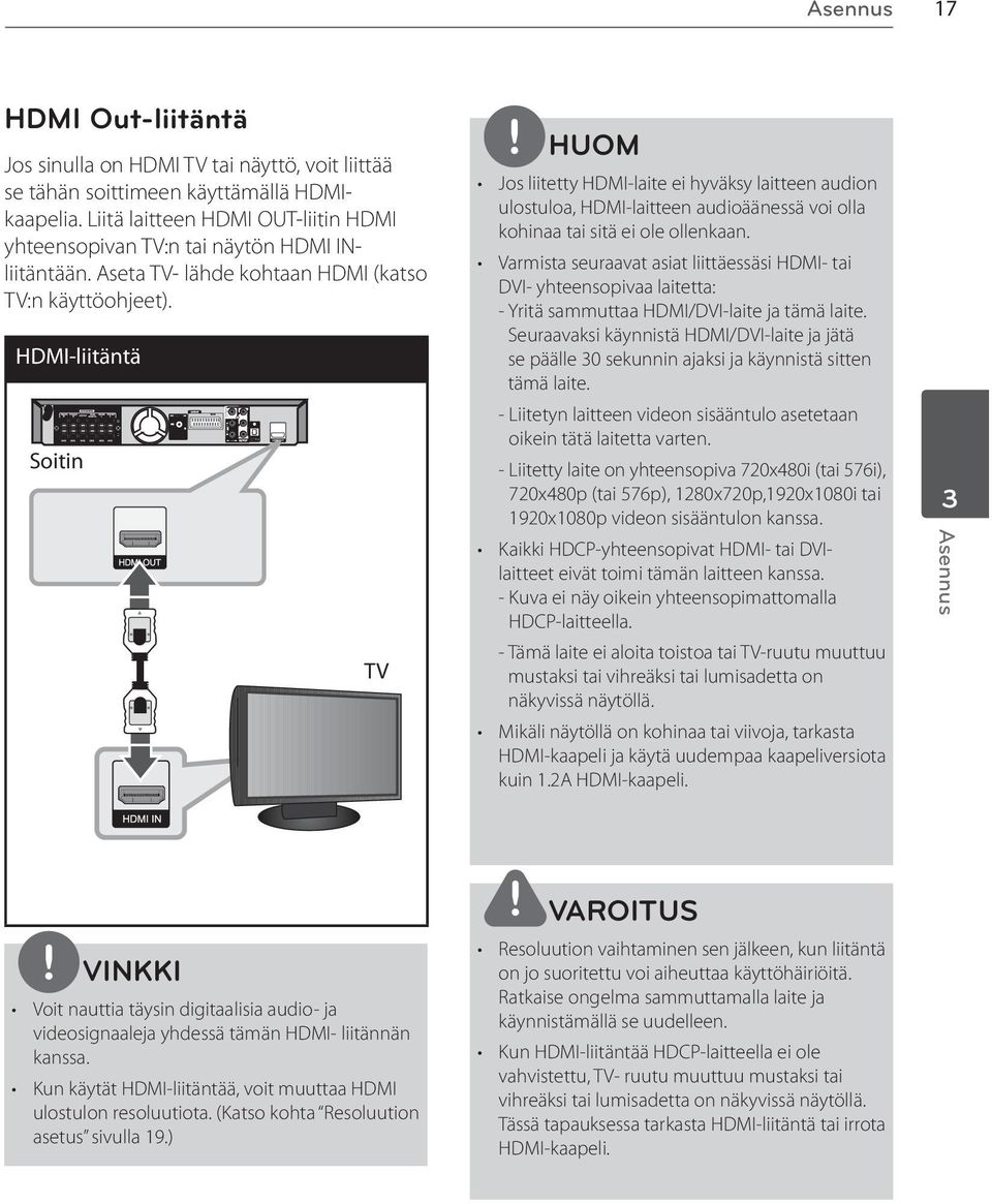 HDMI-liitäntä Soitin TV HUOM Jos liitetty HDMI-laite ei hyväksy laitteen audion ulostuloa, HDMI-laitteen audioäänessä voi olla kohinaa tai sitä ei ole ollenkaan.
