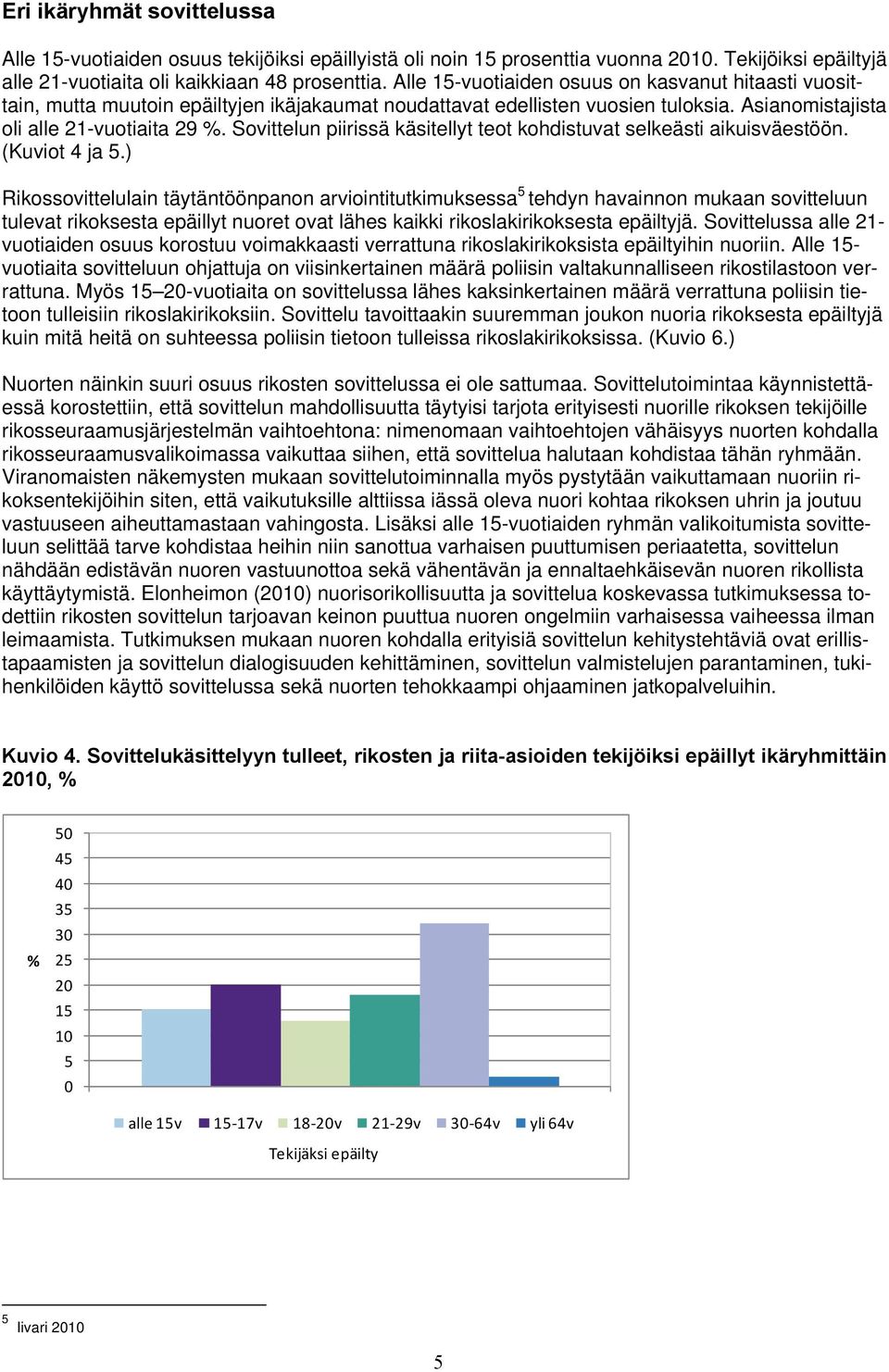 Sovittelun piirissä käsitellyt teot kohdistuvat selkeästi aikuisväestöön. (Kuviot 4 ja 5.