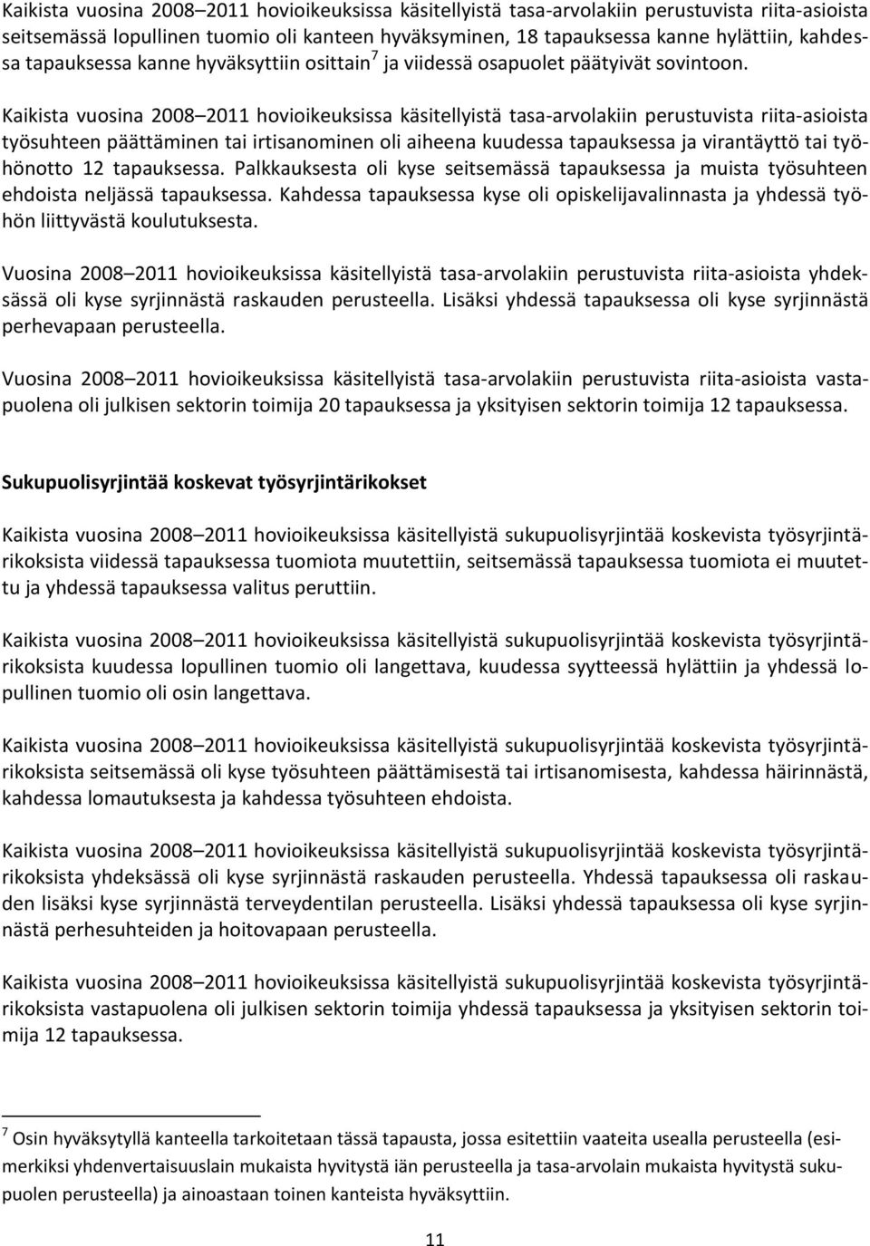 Kaikista vuosina 2008 2011 hovioikeuksissa käsitellyistä tasa-arvolakiin perustuvista riita-asioista työsuhteen päättäminen tai irtisanominen oli aiheena kuudessa tapauksessa ja virantäyttö tai