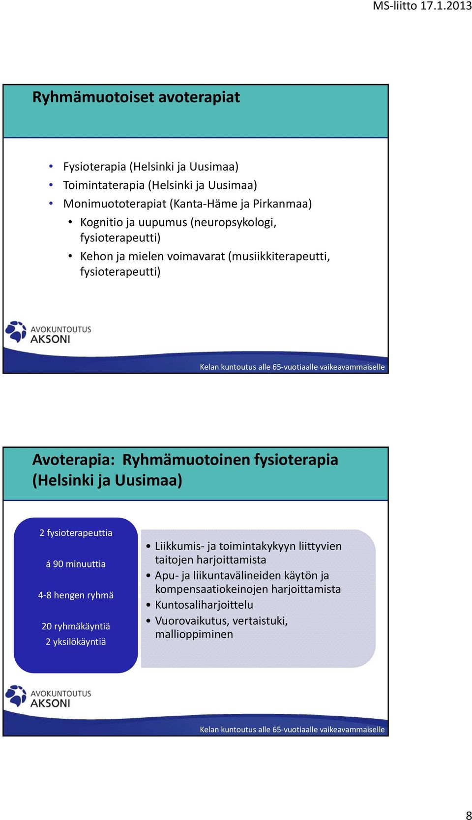 fysioterapia (Helsinki ja Uusimaa) 2 fysioterapeuttia á 90 minuuttia 4 8 hengen ryhmä 20 ryhmäkäyntiä 2 yksilökäyntiä Liikkumis ja toimintakykyyn liittyvien taitojen