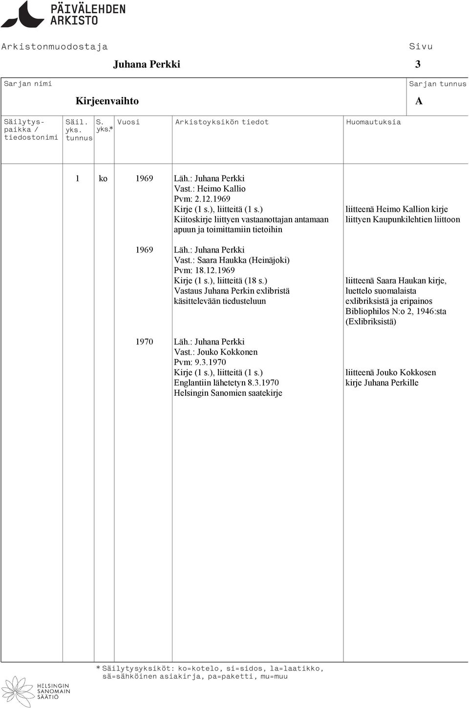 ) Vastaus Juhana Perkin exlibristä käsittelevään tiedusteluun 1970 Läh.: Juhana Perkki Vast.: Jouko Kokkonen Pvm: 9.3.