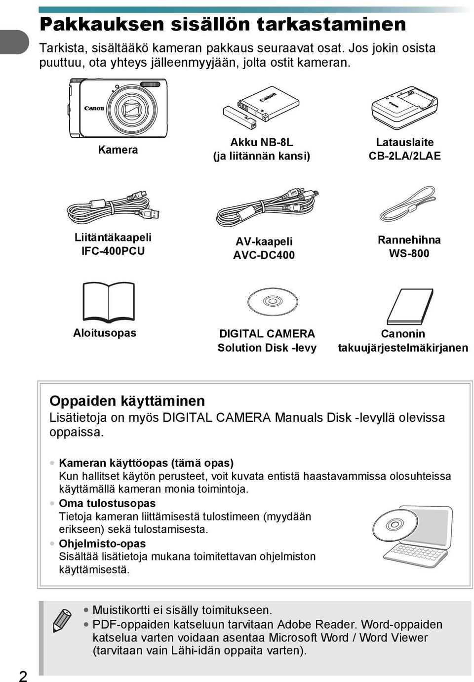 takuujärjestelmäkirjanen Oppaiden käyttäminen Lisätietoja on myös DIGITAL CAMERA Manuals Disk -levyllä olevissa oppaissa.