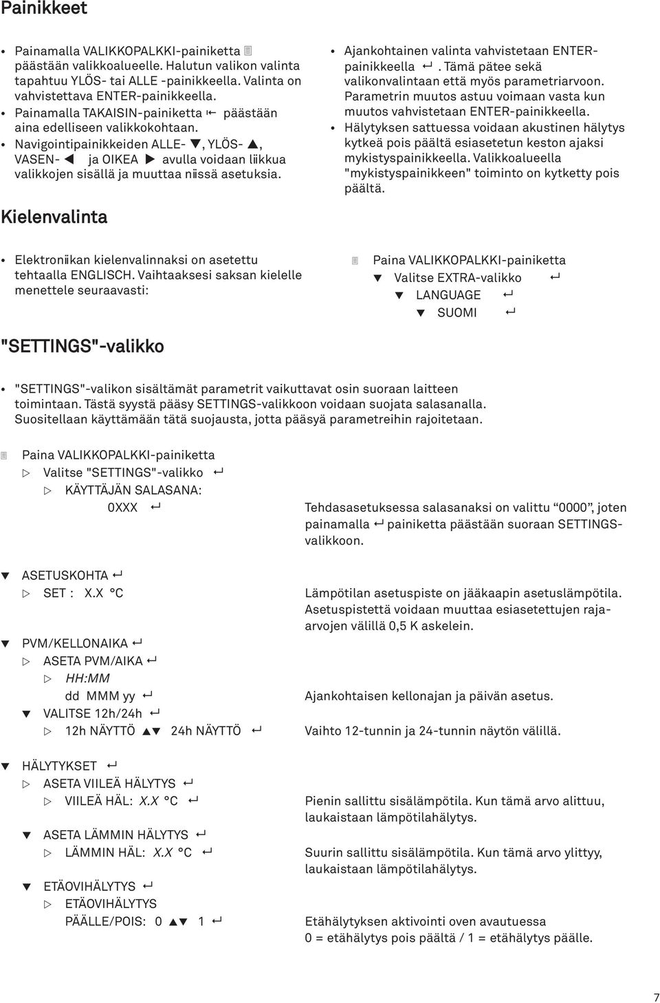 Kielenvalinta Ajankohtainen valinta vahvistetaan ENTERpainikkeella. Tämä pätee sekä valikonvalintaan että myös parametriarvoon.