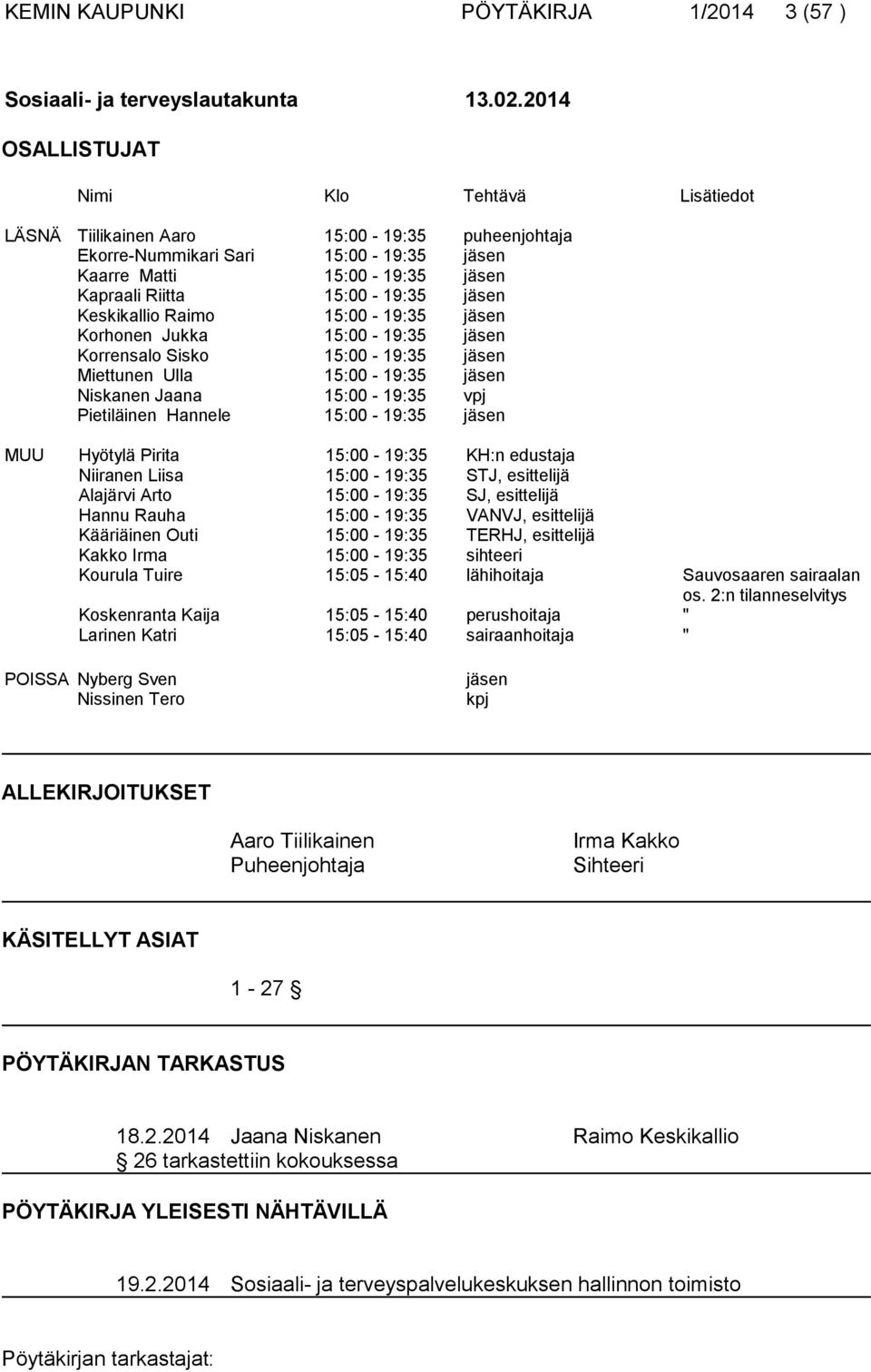 Keskikallio Raimo 15:00-19:35 jäsen Korhonen Jukka 15:00-19:35 jäsen Korrensalo Sisko 15:00-19:35 jäsen Miettunen Ulla 15:00-19:35 jäsen Niskanen Jaana 15:00-19:35 vpj Pietiläinen Hannele 15:00-19:35