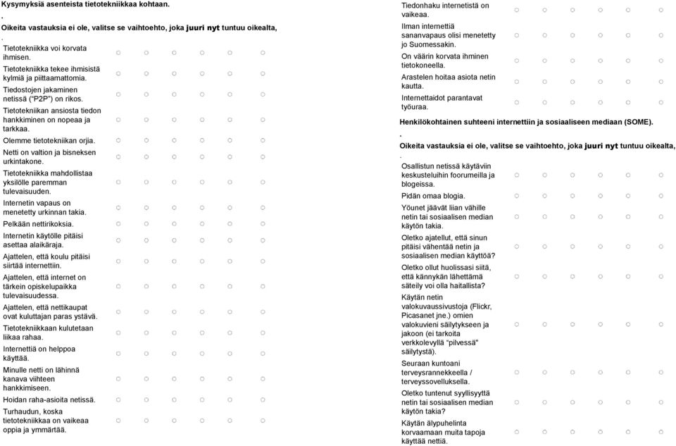 urkintakone Tietotekniikka mahdollistaa yksilölle paremman tulevaisuuden Internetin vapaus on menetetty urkinnan takia Pelkään nettirikoksia Internetin käytölle pitäisi asettaa alaikäraja Ajattelen,