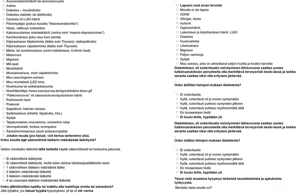 Kilpirauhasen vajaatoiminta (lääke esin Thyroxin) Maha- tai suolistosairaus (esim mahahaava, Crohnin tauti) Masennus Migreeni MS-tauti Muistihäiriö Munuaissairaus, esim vajaatoiminta Muu neurologinen