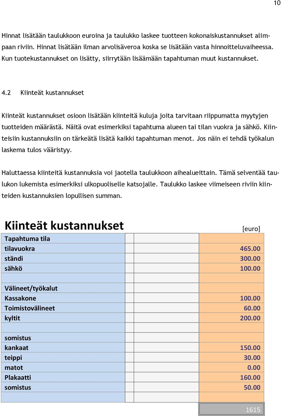 2 Kiinteät kustannukset Kiinteät kustannukset osioon lisätään kiinteitä kuluja joita tarvitaan riippumatta myytyjen tuotteiden määrästä.