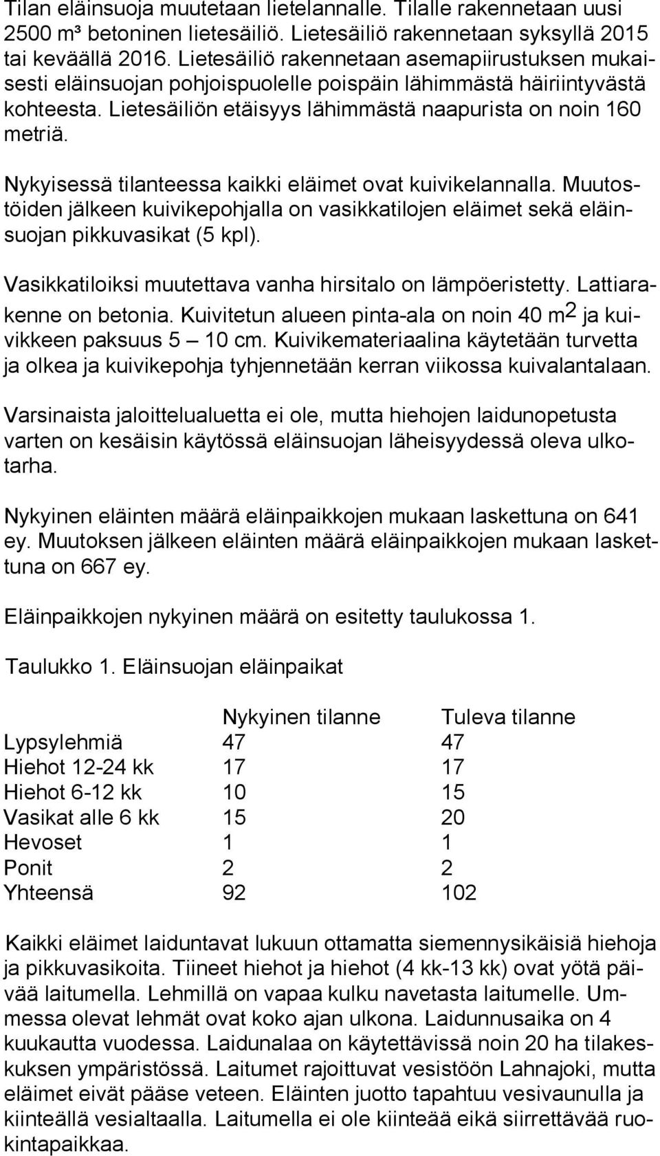 Nykyisessä tilanteessa kaikki eläimet ovat kuivikelannalla. Muu tostöi den jälkeen kuivikepohjalla on vasikkatilojen eläimet sekä eläinsuo jan pikkuvasikat (5 kpl).