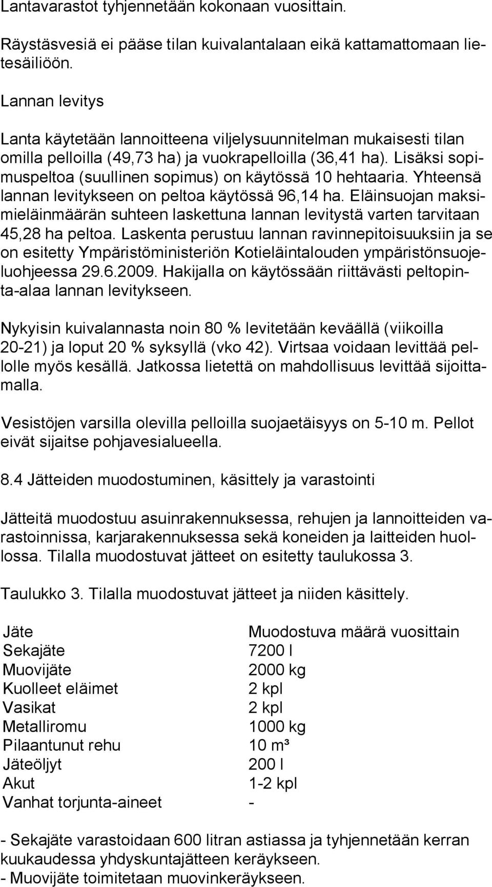 Lisäksi so pimus pel toa (suullinen sopimus) on käytössä 10 hehtaaria. Yhteensä lan nan levitykseen on peltoa käytössä 96,14 ha.