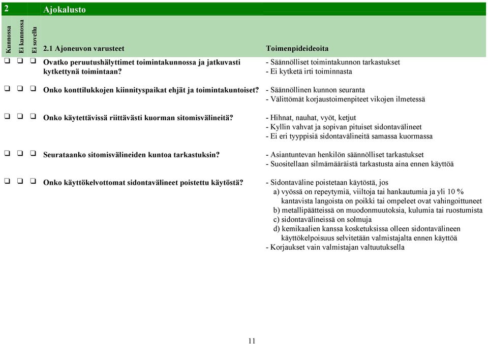 - Säännöllinen kunnon seuranta - Välittömät korjaustoimenpiteet vikojen ilmetessä Onko käytettävissä riittävästi kuorman sitomisvälineitä?