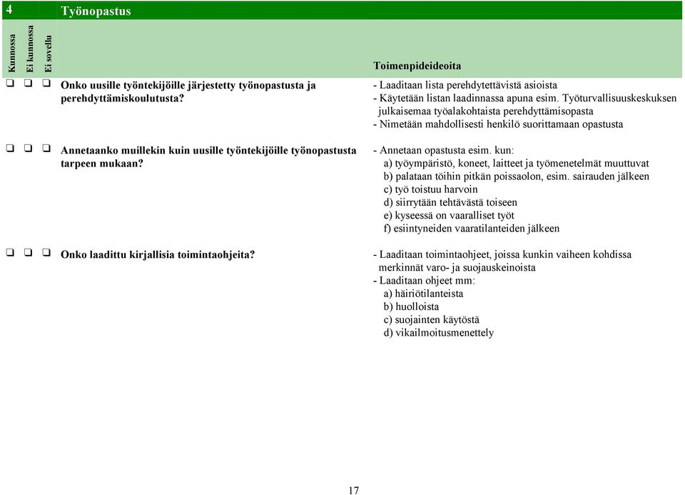 Työturvallisuuskeskuksen julkaisemaa työalakohtaista perehdyttämisopasta - Nimetään mahdollisesti henkilö suorittamaan opastusta Annetaanko muillekin kuin uusille työntekijöille työnopastusta tarpeen