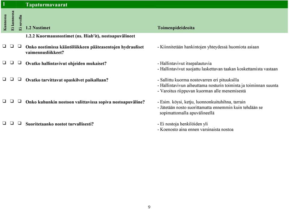 - Hallintavivut itsepalautuvia - Hallintavivut suojattu laskettavan taakan koskettamista vastaan Ovatko tarvittavat opaskilvet paikallaan?