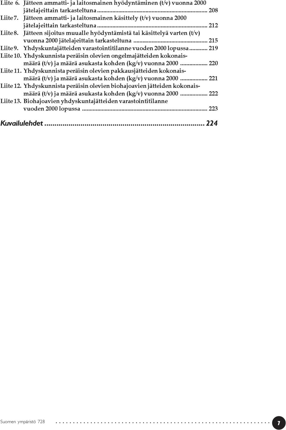 Jätteen sijoitus muualle hyödyntämistä tai käsittelyä varten (t/v) vuonna 2000 jätelajeittain tarkasteltuna... 215 Liite 9. Yhdyskuntajätteiden varastointitilanne vuoden 2000 lopussa... 219 Liite 10.