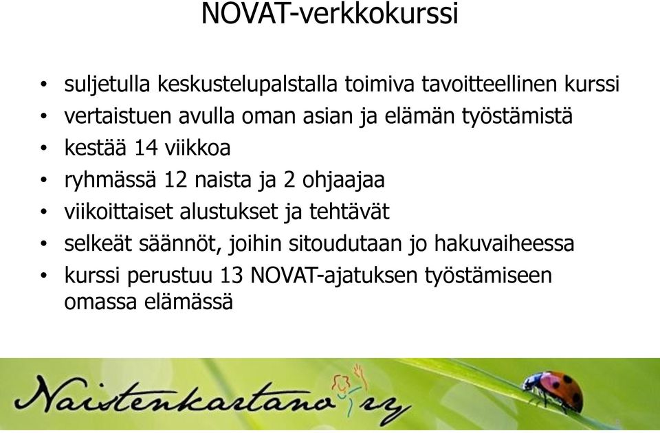 naista ja 2 ohjaajaa viikoittaiset alustukset ja tehtävät selkeät säännöt, joihin