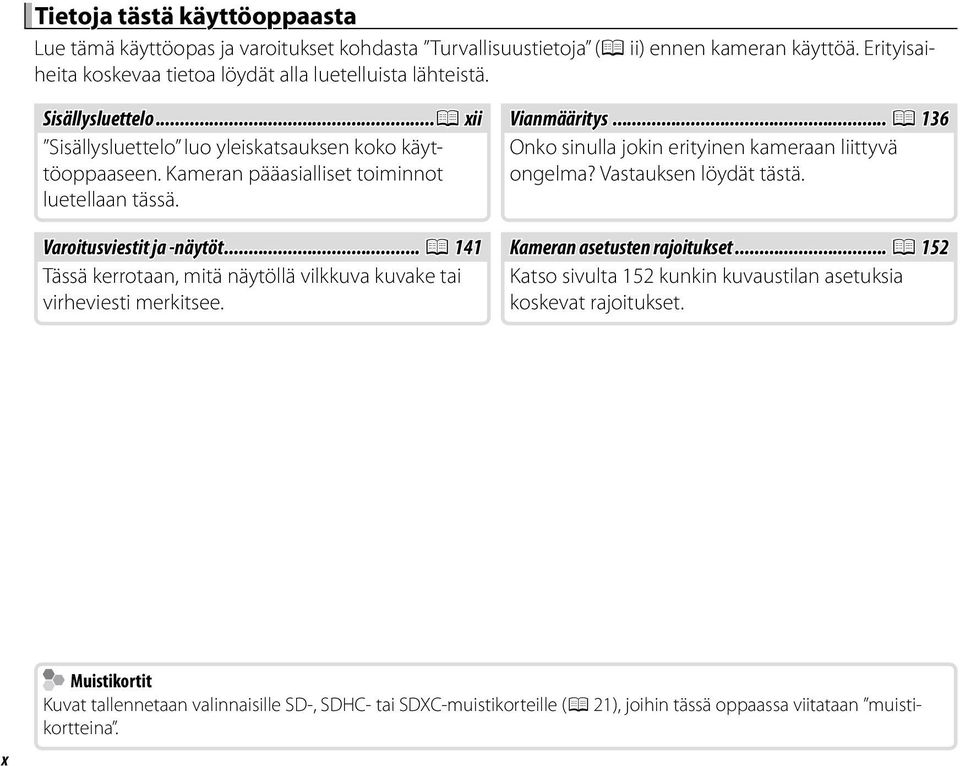 .. P 136 Onko sinulla jokin erityinen kameraan liittyvä ongelma? Vastauksen löydät tästä. Varoitusviestit ja -näytöt... P 141 Kameran asetusten rajoitukset.