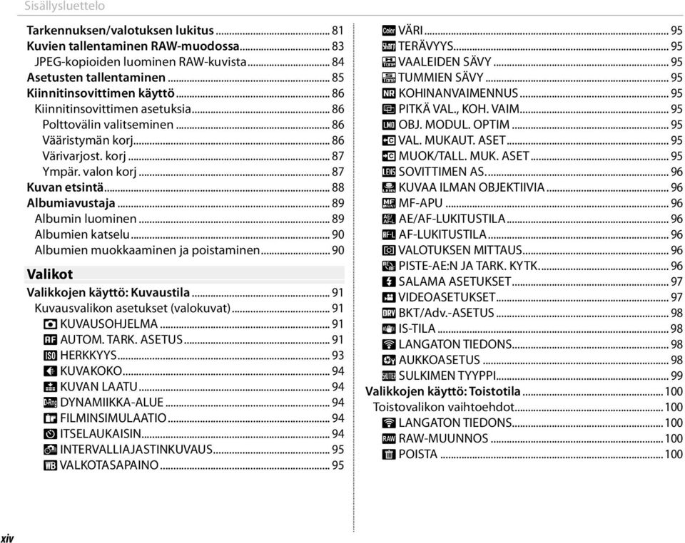 .. 89 Albumin luominen... 89 Albumien katselu... 90 Albumien muokkaaminen ja poistaminen... 90 Valikot Valikkojen käyttö: Kuvaustila... 91 Kuvausvalikon asetukset (valokuvat)... 91 A KUVAUSOHJELMA.