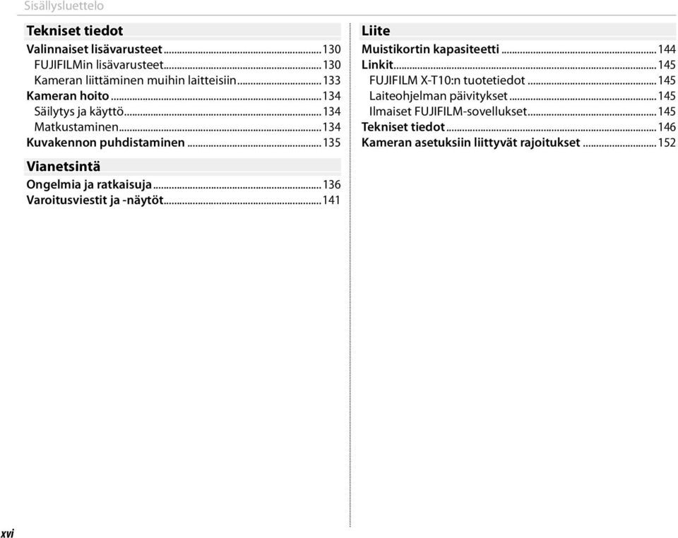 ..136 Varoitusviestit ja -näytöt...141 Liite Muistikortin kapasiteetti...144 Linkit...145 FUJIFILM X-T10:n tuotetiedot.